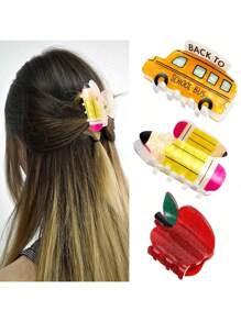 1pc Cute Acrylic Cartoon School Bus, Pencil, Apple & Calculator Design Hair Clip, Acrylic Hairpin For Women, Teachers & Girls, Suitable As Teacher's Day Gift And Back-To-School Accessory, Fits Thin & Thick Hair, Summer Hair Claw Hair Jaw Clip