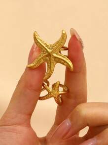 2pcs/Set Personalized Starfish & Shell 18k Gold Plated Stainless Steel Rings, Fashion Jewelry For Women Beach Resort Decoration, Gift