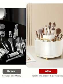 1pc 360° Rotating Cosmetic Storage Box - 1 Piece Plastic Makeup Organizer With 5 Compartments, Suitable For Brushes, Lipsticks, Skin Care Products And Stationery - Odorless Desktop Storage Box, Luxury Striped Design Home Bathroom Decor Bathroom Accessories Bathroom Organizer Summer Back To School