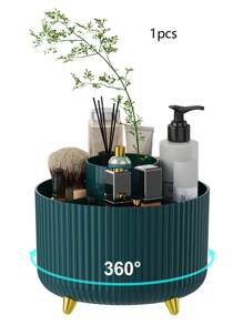 1pc 360° Rotating Cosmetic Storage Box - 1 Piece Plastic Makeup Organizer With 5 Compartments, Suitable For Brushes, Lipsticks, Skin Care Products And Stationery - Odorless Desktop Storage Box, Luxury Striped Design Home Bathroom Decor Bathroom Accessories Bathroom Organizer Summer Back To School