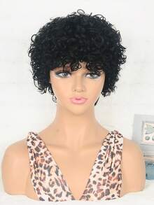Highlight Short Pxie Cut Curly Wig Full Machine Made Human Hair Wigs With Bang Loose Curly Wave None Lace No Glue 150% Density Natural Black Colored Pixie Cut Wigs For Women Daily Use - SNatural - Xem 2