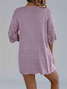 Women Beach Lace Crochet Short Sleeve Knit Cardigan Cover Up Solid Summer Vacation Boho Lightweight - 淡紫色 - 查看 2