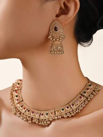 3 件/套奢华 Ainc 合金耳环 + 彩色水钻项链时尚风格珠宝套装适合女性宴会或婚礼佩戴