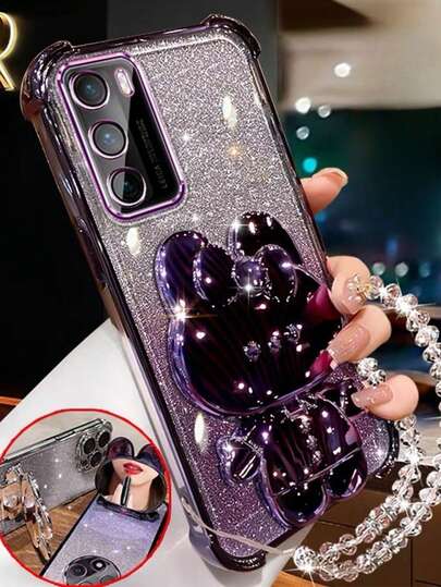 1 件新款手机 16 四角防摔壳+闪粉纸仿珍珠挂绳闪粉兔化妆镜磁力支架一体式手机壳适用于 Galaxy Phone 16/15/14/13/12/11 Pro/Pro Max Sam Sung S25/S25Plus/S25Ultra XM HW RM Oppo 防摔镜头全覆盖手机壳精致时尚网红小众女神高端手机壳防水防震防刮