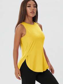 1pc Women Casual Loose Sleeveless Sports Top, Solid Color Crew Neck With Side Slit, Comfortable For Fitness, Spring/Summer