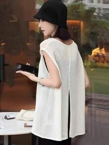 露背镂空针织背心，女士夏季轻薄宽松无袖针织上衣 - 白色 - 查看 3