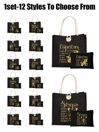 Złota torba typu tote z wzorem konstelacji i mała torba z wzorem konstelacji, czarna torba lniana