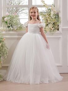 Tween Girl Floral Strap Tulle Party White Graduation Dress, Elegant Princess Gown Suitable For Girls Birthday Party, Prom, Wedding, Flower Girl Dress, Teenager Dress - White - View 1