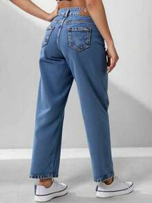 Mom jeans pantalones holgados pretina ancha rectos cierre doble botón mezclilla gruesa no elástica talle alto jaspeado deslavado look casual elegante toda ocasión. - Lavado Sky - Ver 3