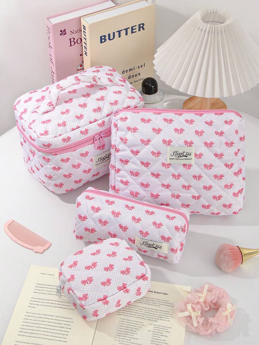 1 Piece Large Capacity Pink Polka Dot &Bow Cosmetic Bag Travel Toiletry Bag Beauty Tool Storage Makeup Bag Pink Cosmetics Storage Bag Portable Makeup Organizer Fashionable Travel Cosmetic Bag Mother's Day Gift School Supplies Travel Essentials Make Up Bag Holiday Essentials Cosmetic Bag Holiday Spring For Women,Girl - Multicolor - View 1
