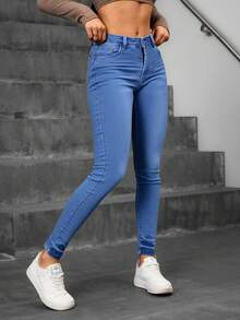 Mujer skinny jeans azules claros - Azul lavado medio - Ver 3