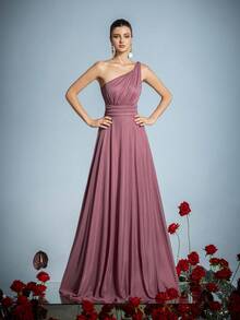 Faeriesty 优雅女士单肩长款派对礼服，收腰设计，裙摆飘逸，完美适用于红毯、盛大晚宴、婚礼及奢华派对，例如婚宴、化装舞会、神秘花园派对、正式晚宴、黑领结活动、毕业典礼及生日派对等场合，是春季和夏季的理想之选。 - 藕粉色 - 查看 3
