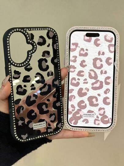 奢华豹纹闪光水钻彩绘透明手机壳适用于 iPhone16 15 14 13 Pro Max 13 柔软防震后盖防水防摔防刮