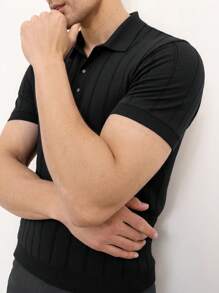 Men's Short Sleeve Ribbed Polo Sweater, Suitable For Daily Wear, Outdoor And Commuting, Old Money Style