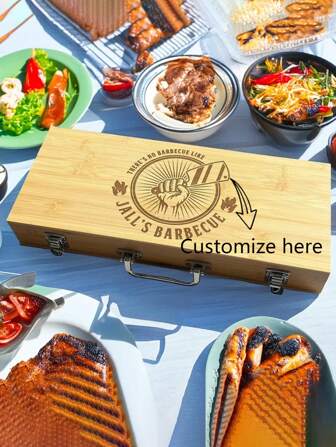 Gepersonaliseerde bamboe BBQ-gereedschapsset en -box, gepersonaliseerde gegraveerde barbecue-benodigdheden, Grill Master, cadeau voor hem, vader, housewarming BBQ-cadeau