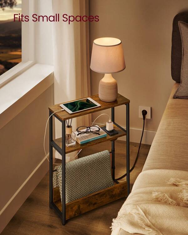 VASAGLE Side Table With Charging Station, Narrow End Table, 3-Tier Nightstand, Sofa Table For Small Spaces, Magazine Rack, For Living Room, Bedroom, Study, Rustic Brown, Ink Black