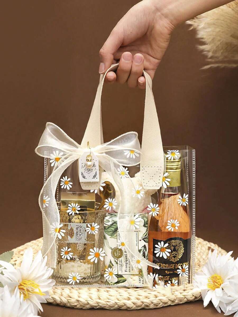 1个透明PVC手提袋,小雏菊主题礼品袋,可用作婚礼回礼。开学季,可装文具盒和书籍。方形礼品包装袋,PU塑料手提袋。夏季必备单品。也可用于日常收纳,也可作为送礼手提袋。风格简约时尚。 - 彩色 - 查看 1