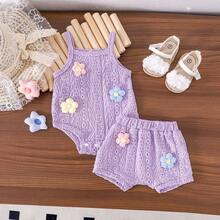 2pcs/Set Cute Baby Girls' Sleeveless Romper + Shorts Set, Lightweight Summer Outfit - 紫色 - 查看 4