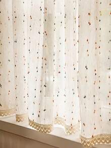 1 件彩虹糖珠加厚边缘短窗帘，轻巧设计，法式浪漫刺绣彩虹条纹短窗帘，带钩针蕾丝边和绒球，杆袋设计，适用于厨房、客厅或卧室装饰 - 透明面料，彩色球刺绣，镂空钩针蕾丝底部，非常适合小窗户，隐私窗帘 | 绒球装饰 | 透明亚麻外观，窗用蕾丝窗帘 - 白色 - 查看 1