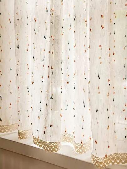 1pc Rainbow Candy Bead Thickened Edge Short Curtain, Lightweight Design, French Romantic Embroidered Rainbow Stripe Short Curtain With Crochet Lace Edge And Pom Poms, Rod Pocket Design, Suitable For Kitchen, Living Room Or Bedroom Decor - Transparent Fabric, Colorful Ball Embroidery, Hollow Crochet Lace Bottom, Ideal For Small Windows, Privacy Curtain | Pom Pom Accents | Sheer Linen Appearance, Lace Curtain For Window