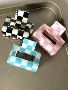 3pcs/Set Women's Colorful Checkerboard Acrylic Hair Clips, Small Square Hair Hair Claw For Daily Use - Multicolor - View 5