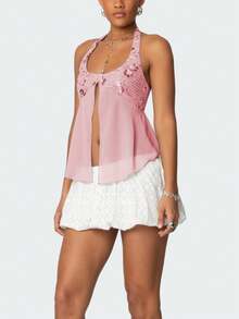 Women Sequin Beaded Mesh Patchwork Halter Top Y2K Sparkly Sleeveless Deep Low Cut Split Sheer Cami Tank Tops Glitter Rhinestone Backless Camisole Crop Tops Summer Slim Fit Vests Shirts Going Out Tops Club Party Beach Streetwear - 粉色 - 查看 4