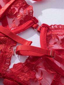 Women's Sexy Embroidered Teddy Lingerie Set - Red - View 5