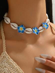 1pc Bohemian Resort Style Soft Clay Flower Woven Adjustable Necklace For Women - Blue - View 2