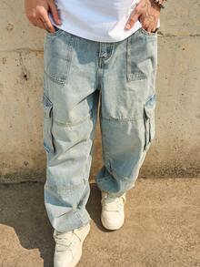 Vintage Washed Multi-Pocket Cargo Jeans For Men, Loose Wide Leg Baggy Distressed Long Pants, - 淺色水洗藍 - 查看 4