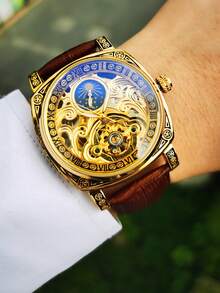 AOKULASIC 1 pieza Reloj Mecánico de Esqueleto Vintage Dorado para Hombre con Manecillas Luminosas, Correa Marrón, Estilo Empresarial Casual, Automático, Marca Superior, Regalo - Dorado - Ver 8