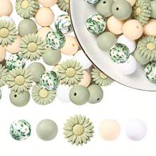 40pcs Silicone Beads DIY Keychain Set - Colorful Round, Cross, Sunflower And Hexagon Shapes, Suitable For Necklaces, Bracelets And Crafts Valentines