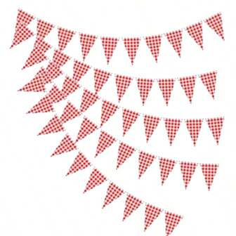5 Pieces, Paper Red And White Checkered Pennant Banner Triangle Red And White Banner For Picnic BBQ Birthday Christmas Party Decoration Supplies