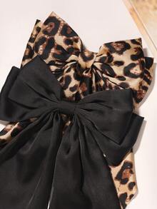 2pcs Leopard Print & Solid Satin Bow Long Tail Hair Clip Headpiece Claw Clips Hair Claws Hair Barrettes, School Stuff, Elegant, College, Bows, Cute, Classy, Winter Outfit Women, Hair Accessories - Multicolor - View 3