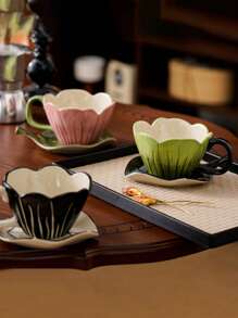 1pc Embossed Tulip Design Ceramic Cup & Saucer Set, Creative, Personalized, Coffee/Latte Cup Set, French Retro Style, High-End Delicate Gift For Women, Mother's Day Present Back To School