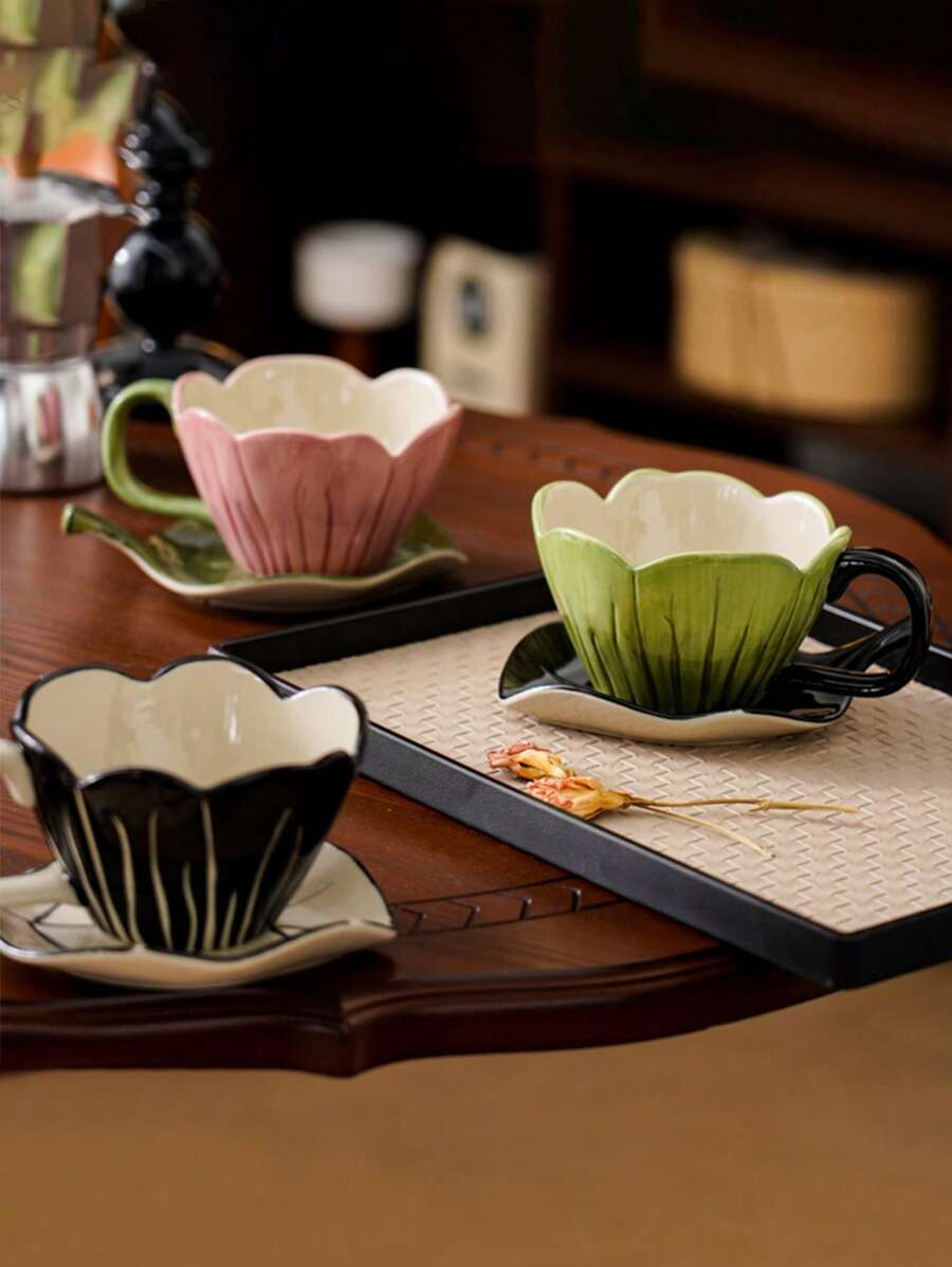 1pc Embossed Tulip Design Ceramic Cup & Saucer Set, Creative, Personalized, Coffee/Latte Cup Set, French Retro Style, High-End Delicate Gift For Women, Mother's Day Present Back To School