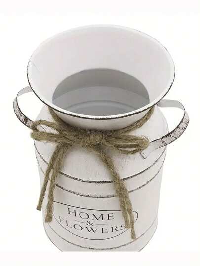 1pc/ Vintage Farmho Metal Galvanized Vase Rustic Crème Distressed Milk Can "Home Floral" Label, Perfect Tabletop Centerpiece Home Room Flower Glass view 4