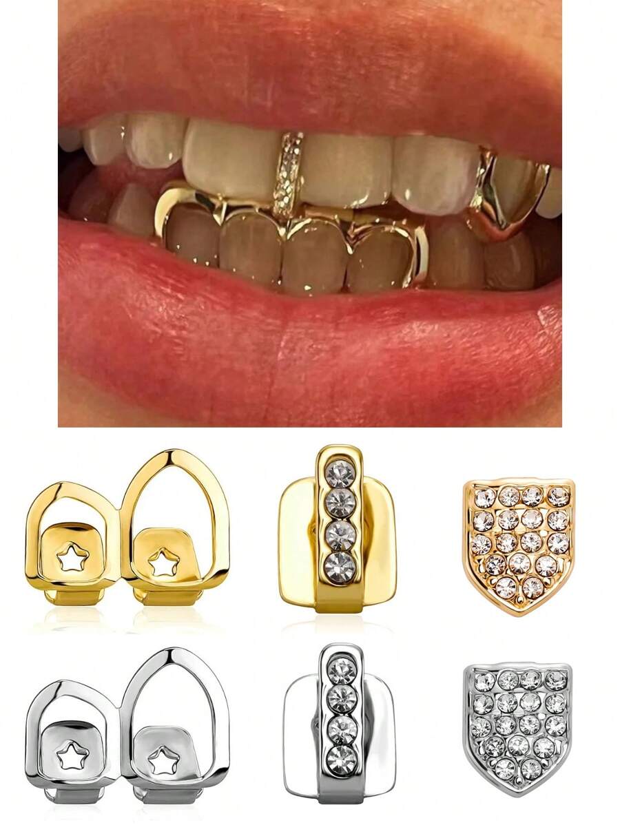 1-3pcs Teeth Grillz Diamond Hip Hop Silver Gold Plated Grillz Tooth Jewelry Kit Crystal Decoration Teeth Shiny Caps