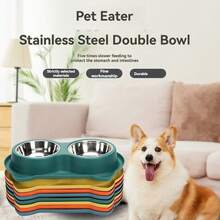 不锈钢宠物双碗，适用于狗猫，可拆卸防滑颈部保护慢食水碗 - 彩色 - 查看 4