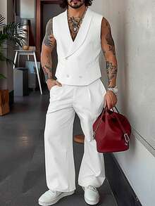 INCERUN Men Buttons Sleeveless Vest Tank Tops Long Pants Zipper Trousers Summer Casual 2PCS Sets Suits - trắng - Xem 1