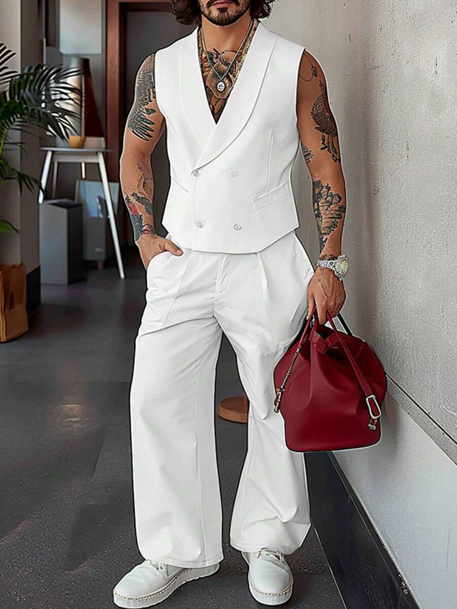 INCERUN Men Buttons Sleeveless Vest Tank Tops Long Pants Zipper Trousers Summer Casual 2PCS Sets Suits - trắng - Xem 1