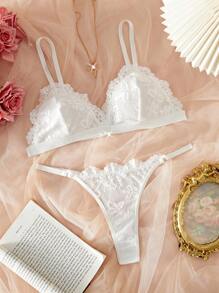1 Set Women's Sexy Lace Patchwork Solid Color Cami Bra And Panty Underwear Set