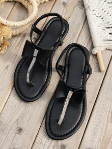 WRCVS Sandalias con perlas, rhinestones, estilo joven y sexy, cómodas sandalias planas de dedo, decoración de lazo, para fiesta, playa, uso al aire libre, chanclas, atuendos de primavera y verano - Negro - Ver 6