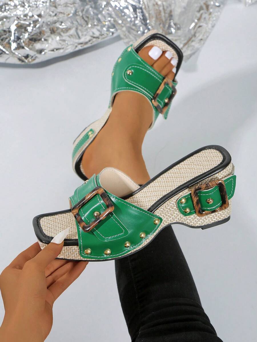 Sandalias de plataforma con remaches, sandalias de moda de verano, cómodas y versátiles con tacón alto para mujer, talla grande 42 - Verde militar - Ver 1