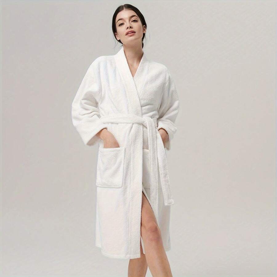 Local Shipping-Terry Cloth Robe For Women Kimono Long Cotton Bathrobe For Spa Tub Hotel, - White - View 1