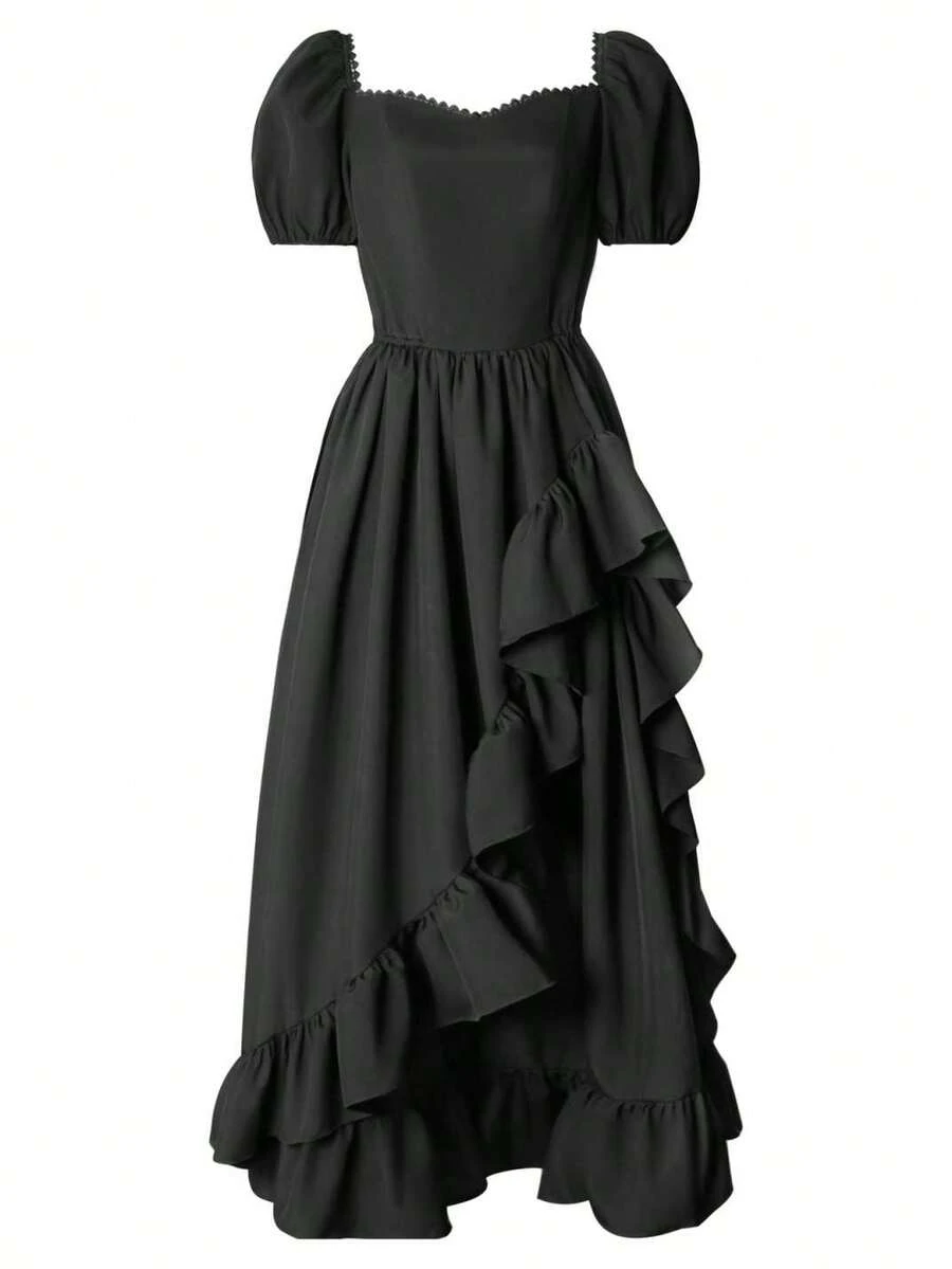 Women's Renaissance Dress Cottagecore Elegant High-Waisted Solid Color Ruffle Dresses - Black - View 1