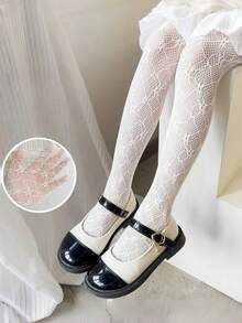 1 Pair Girls/Kids Vertical Striped Mesh Hollow Breathable Cute Floral Pattern Tights, Fashion Korean Style White Color, Spring/Summer - White - View 2