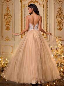 VIPGIRL SHEIN X Hannahelzahed Hannah Champagne Beaded Sheer High Slit Evening Gown, Sparkling Long Formal Dress, Women's Luxury Gala Dress, A-Line Skirt, Party Formal Dress, Elegant Gown, Suitable For Wedding Guests - Camel - View 2