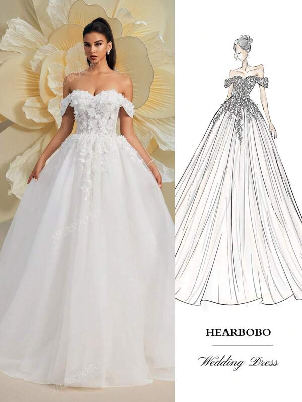 Vestido de novia estilo campestre de gasa bordada con encaje floral y escote fuera del hombro, estilo romántico de hada del bosque, vestido de novia elegante en color blanco