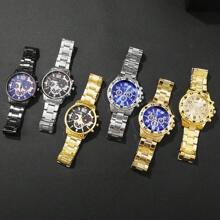 Set de ceasuri cu quartz pentru bărbați 6 buc, curea din oțel inoxidabil, cadran rotund elegant, stil de afaceri simplu, potrivit pentru decorarea zilnică