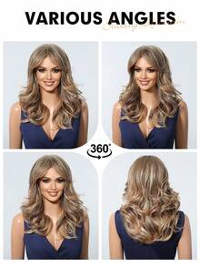 Elegant Ombre Brown Highlight Layered Hair Wig With Curtain Bangs For Women Mix Brown Ombre Long Wavy Wig ,Shoulder Length Natural Synthetic Wig ,Daily Party Holiday Use - 挑染棕色 - 查看 8